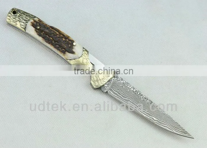 Antler + Brass Handle OEM Damascus Steel Folding Knife Collection Knife Hand Tool UDTEK01304