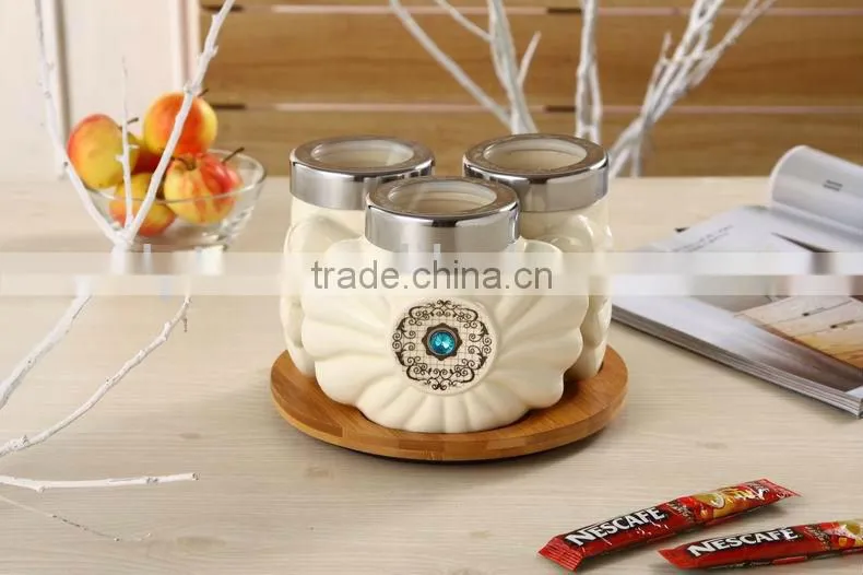 ceramic canister set with turntable bamboo stand