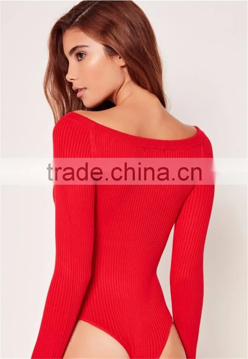 Red Opening Soulder Raglan Sleeve Bodysuit Cotton Blends Long Sleeve Sexy Plain Sweater