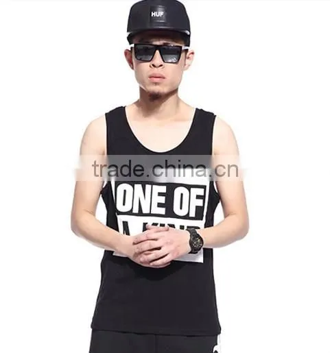 2015 wholesale black printed men gym tank tops in bulk