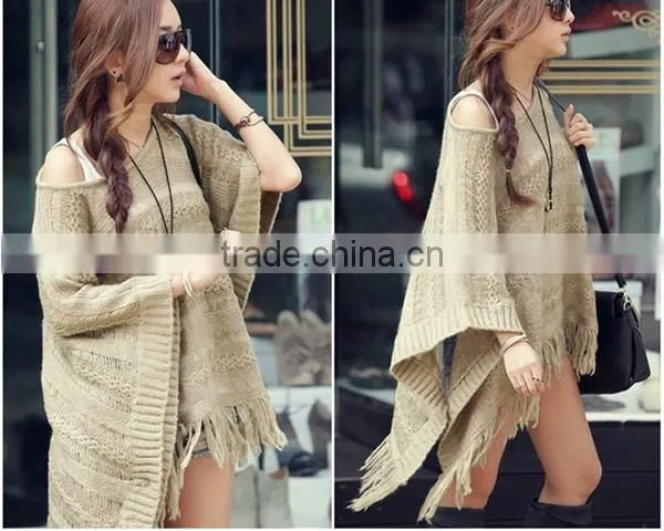 Spring smiles Korean style autumn and spring hollow out fashion solid khaki free size knit with tassel women sweater