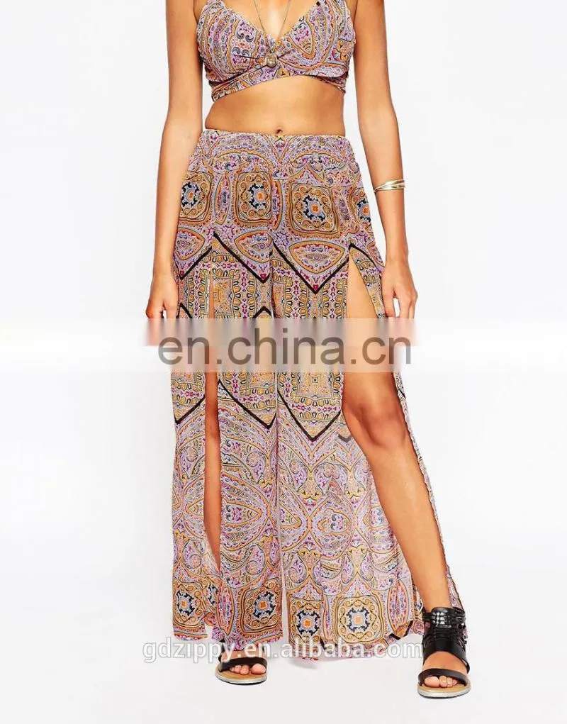 High Fashion Purple Graphic Print Split Beach Loosly Ladies Trousers Pants