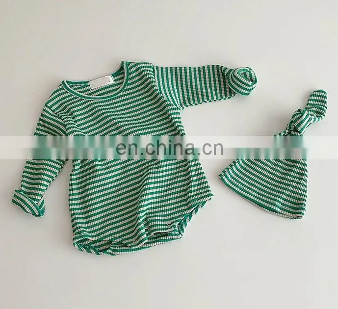 Baby romper with hat set ribbed stripe newborn baby bodysuit