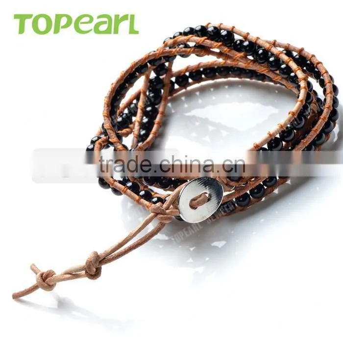 Topearl Jewelry Fashion Black Agate Bracelet Women Woven Leather Wrap Bangle With Copper Alloy Clasp CLL170