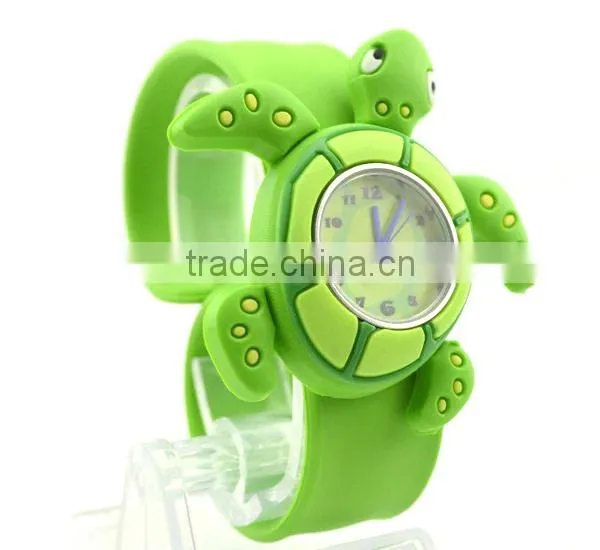 Cute tortoise slap watch with glass face quartz movt silicone strap for child