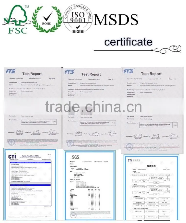 Uncoated mixed pulp 2mm Laminated duplex board with white back/230g,250g grey paper with white back