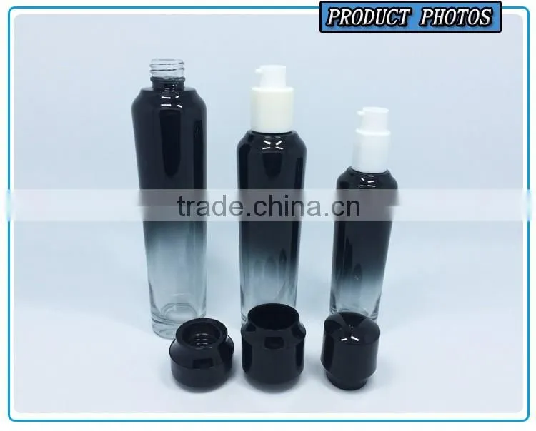 Black colored empty cosmetic packaging glass bottles and jars