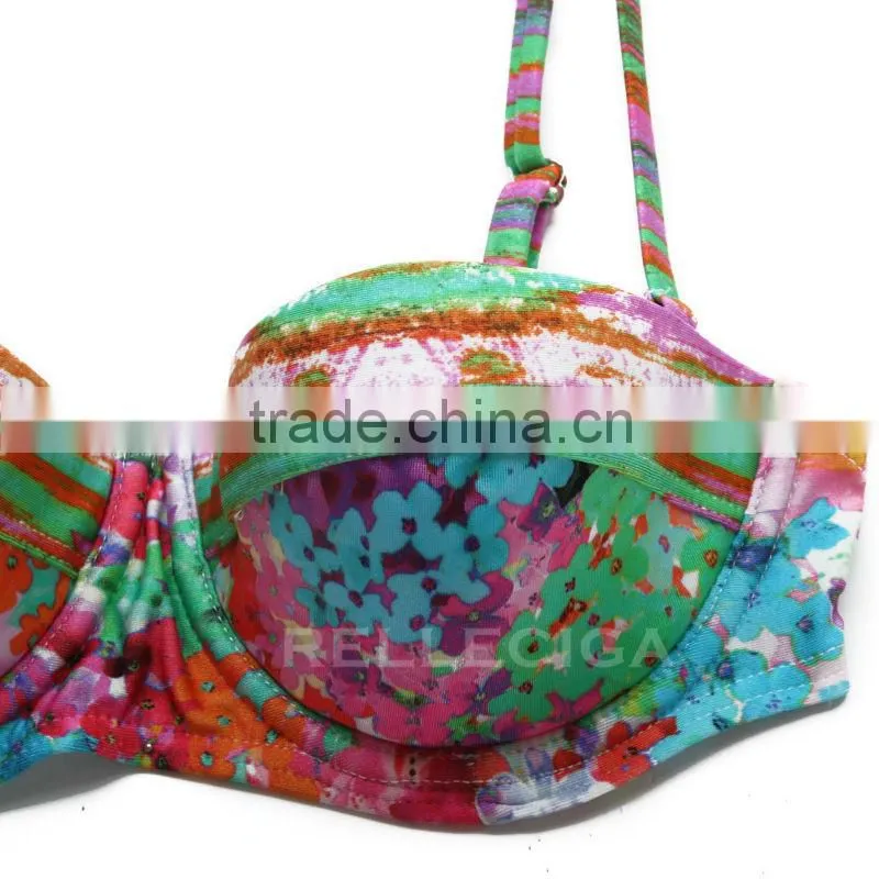 RELLECIGA Digital Floral Print Bikini Series - Longline Bandeau Top & Adjustable Bottom Bikini Swimwear with Spliced Detail