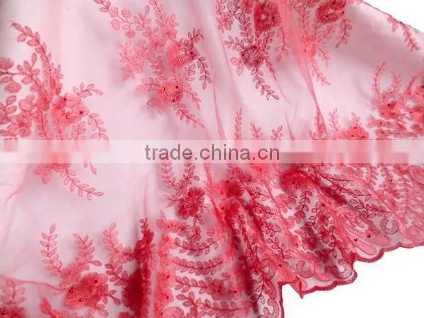 Watermelon Red Popular Pattern French Lace /African Stones Net Lace Fabric/ Embroidery Lace
