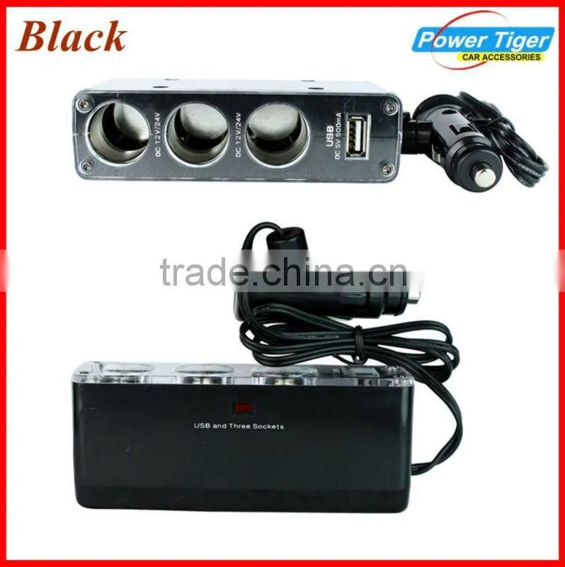 1Pcs 3 Socket Car Cigarette Lighter Charger USB Port Adapter