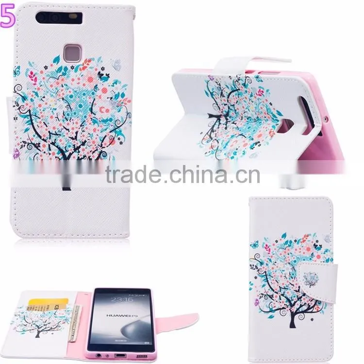2016 New Colorful Pattern PU Leather Phone Bag Case for Huawei Ascend P9 P9 lite magnetic Book Cover With Card Slot