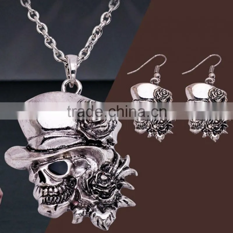 Hiphop imitation jewelry halloween necklace punk skull pendant with flower statment necklace sweater chain Yiwu factory