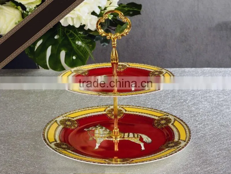 Two layers horse painting ceramic dessert tray