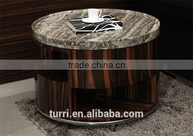 New Design ebony venner natural round marble top wooden side table