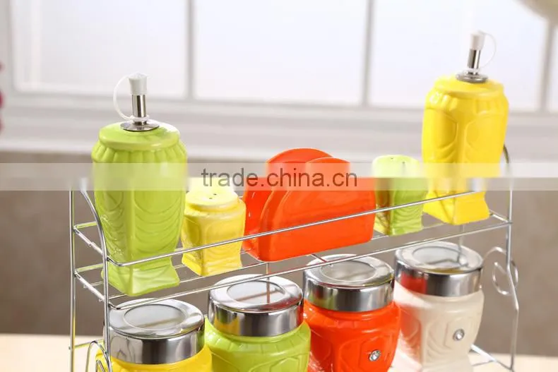 colour ceramic canister set with stainless metal stand