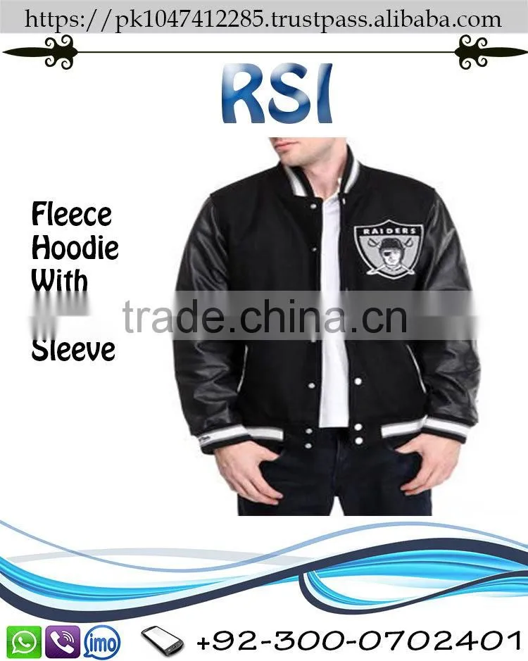 MEN FLEECE HOODIE WITH LEATHER SLEEVE