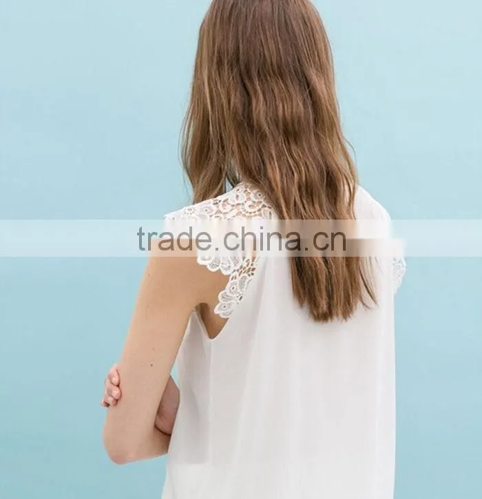 New Women Fashion Summer Lace Floral Hollow Splice Sleeveless Chiffon Blouses
