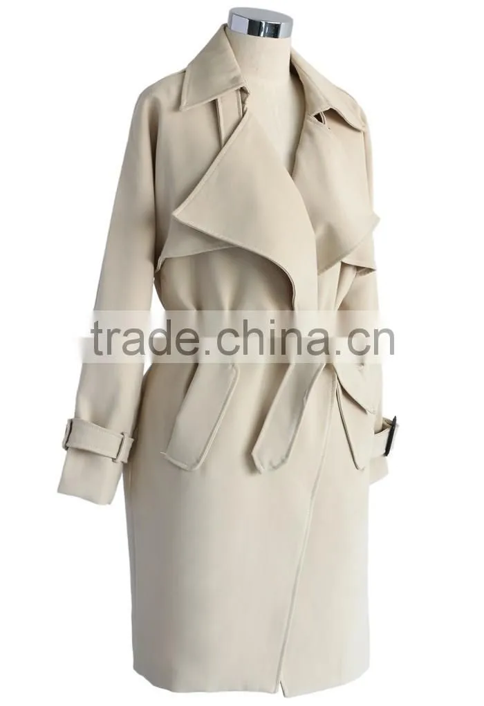 Beige /Grey/Indigo blue color Open front design Full lined long jacket,beautiful women Belted Textured Trench jacket Coat