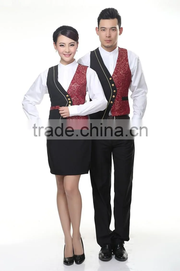 Juqian custom 5 start summer restaurant manager hotel waiter receptionist uniform designs with embroidery vest
