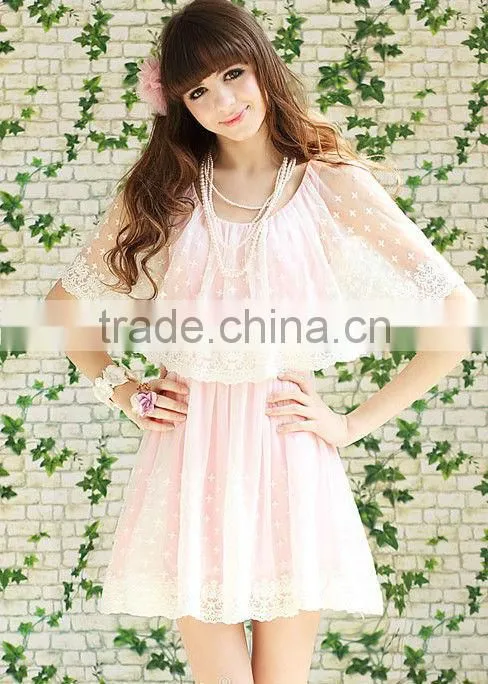 Pink Lace Princess Summer Lovely Chiffon Dress