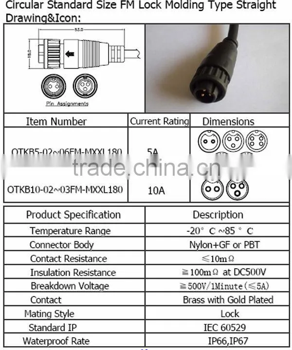 Circular standard size FM lock molding type straight Waterproof Connector