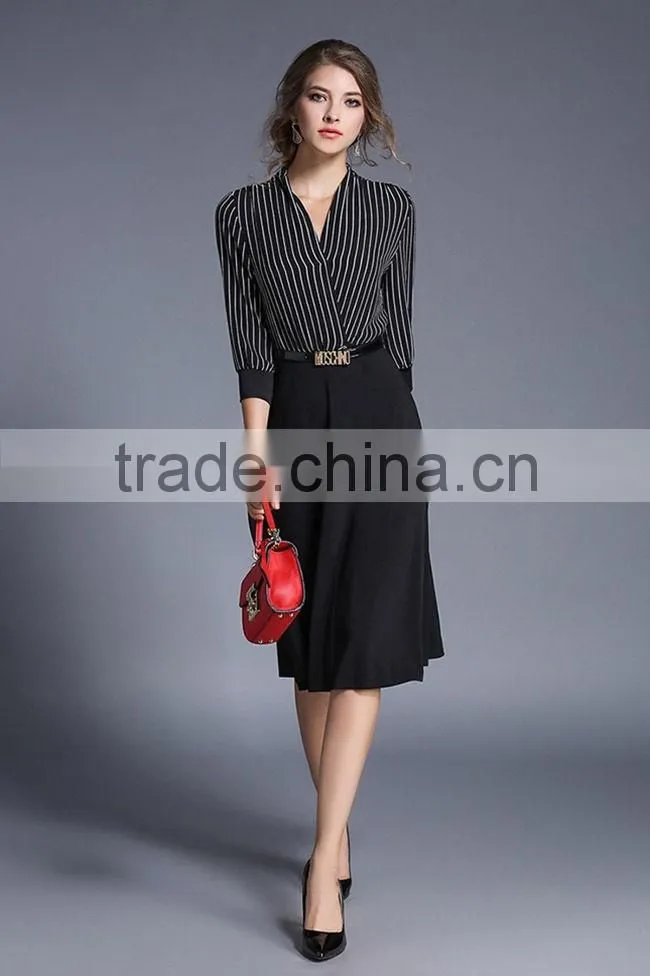 Fashion Women V Neck Vertical Stripes Office Dress Korean OL Belted Midi Dress