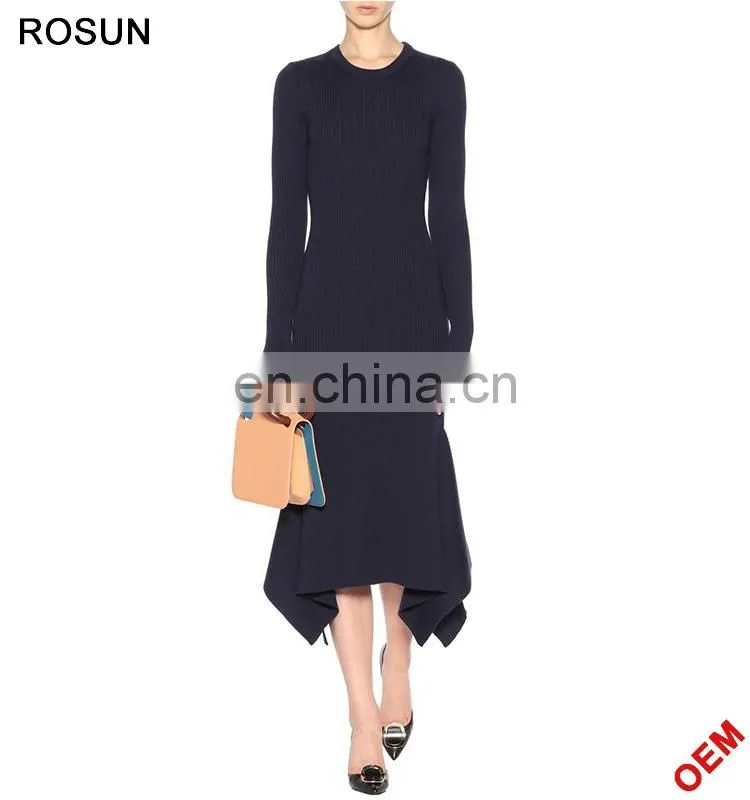 Women Fashion Asymmetric Hem Wool Rib Sweater Dress