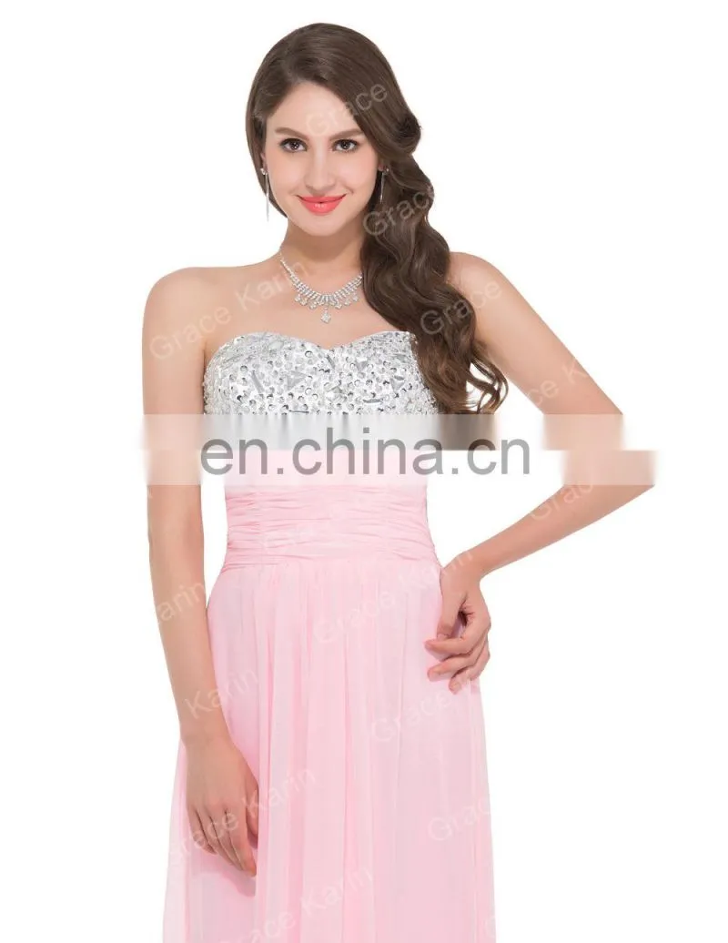 2015 Grace Karin Stocks Sleeveless Beads Sexy Backless Chiffon Prom Dress Pink CL3424-2#