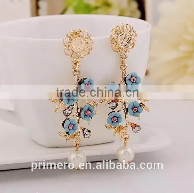 Cheap Flower Branch Rhinestone Pearl Drop Dangle Earrings Chinese Jewelry