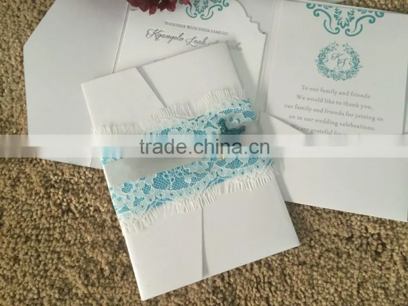 pocket fold fancy pur white lace wedding invitation card