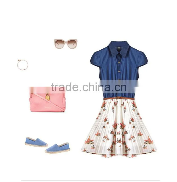 2015 New arrival New Style Fashion Women real comfort clothing Denim Matching Printing is one-piece Chiffon Dresses east