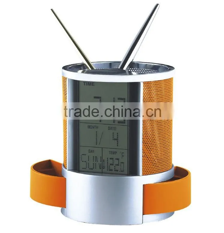 Mesh metal fashion table calendar clock penholder