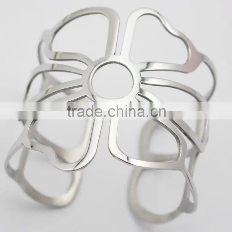 Stainless Steel Wide Plain Silver Flower Cuff Bangle Jewelry
