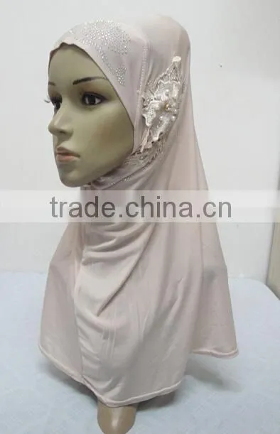 H299 latest one piece instant hijab with lace and rhinestones,muslim scarf