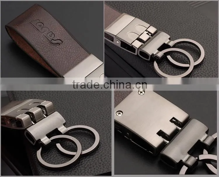 Blank Brown Leather Double Rings Keychain