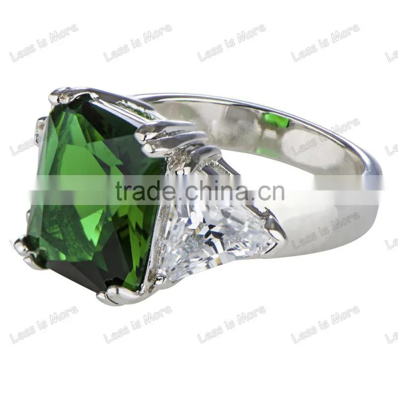 Men's Three Stone Emerald and Trillion Cut Green CZ silver gay men Ring