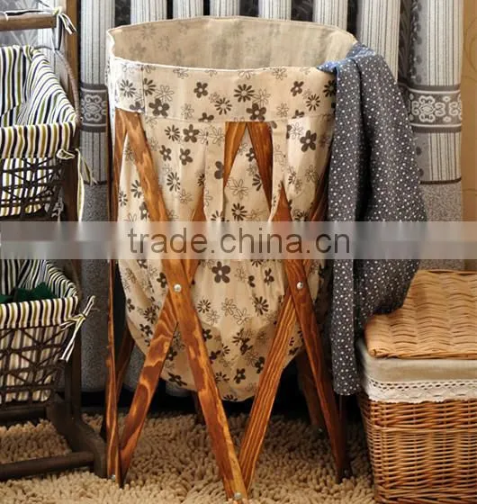 High quality round home foldable laundry storage basket with wood