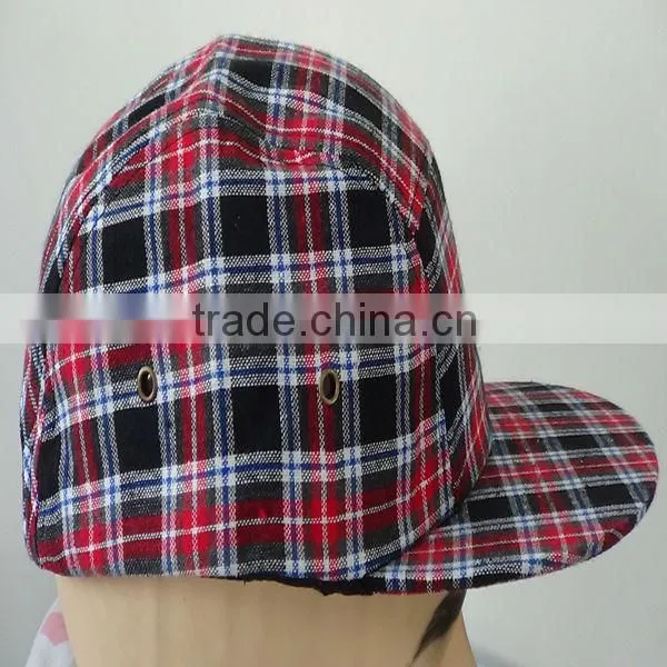 Seersucker Cotton 5 Panel Stripe red checked Biker Snapback Adjustable Cadet Cap Hat
