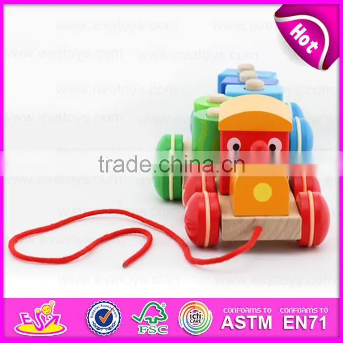 Colorful wooden Pull Shape Block Train Toy for kids,EN71 top sale pull line toy vehicle wooden toy train OEM W05C025