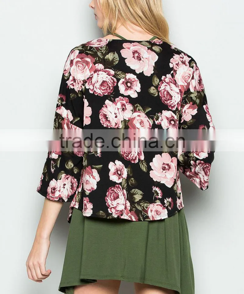 Top Selling Products In Alibaba Trendy Style Soft Cardi Breezy Black Floral 3/4 Sleeve Knitwear Cardigan