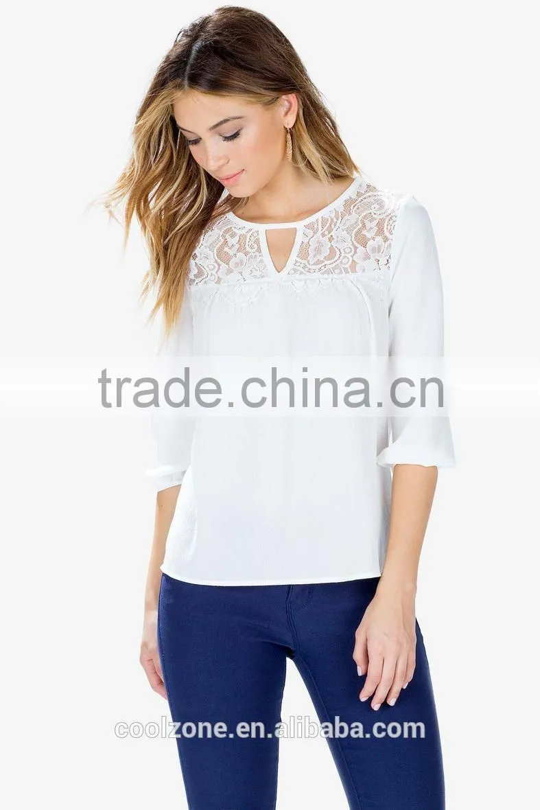 Crew neck long sleeves fashion lace blouse with keyhole front