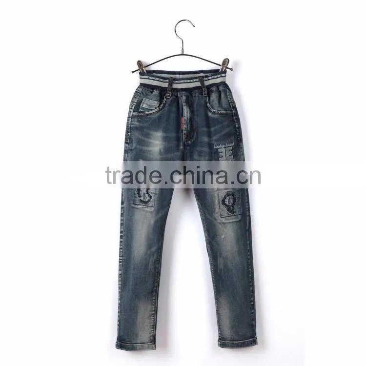 Top quality embroidery patch coin pocket fashion classic blue pants kid jean trousers
