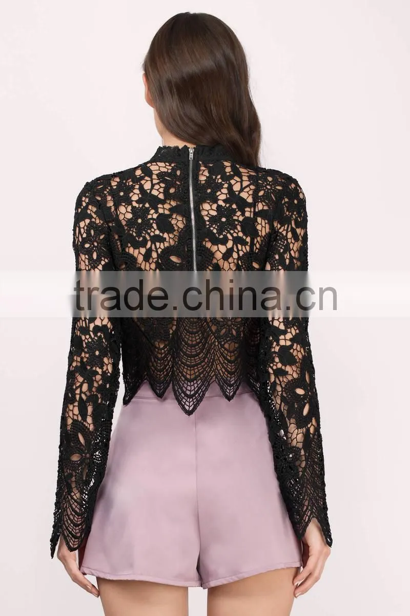 2017 latest fashion design sexy ladies black lace top