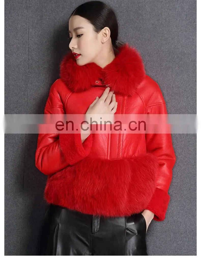 Korean Style High Quality Clothing Winter Women Leather Jacket with Fox Fur Collar