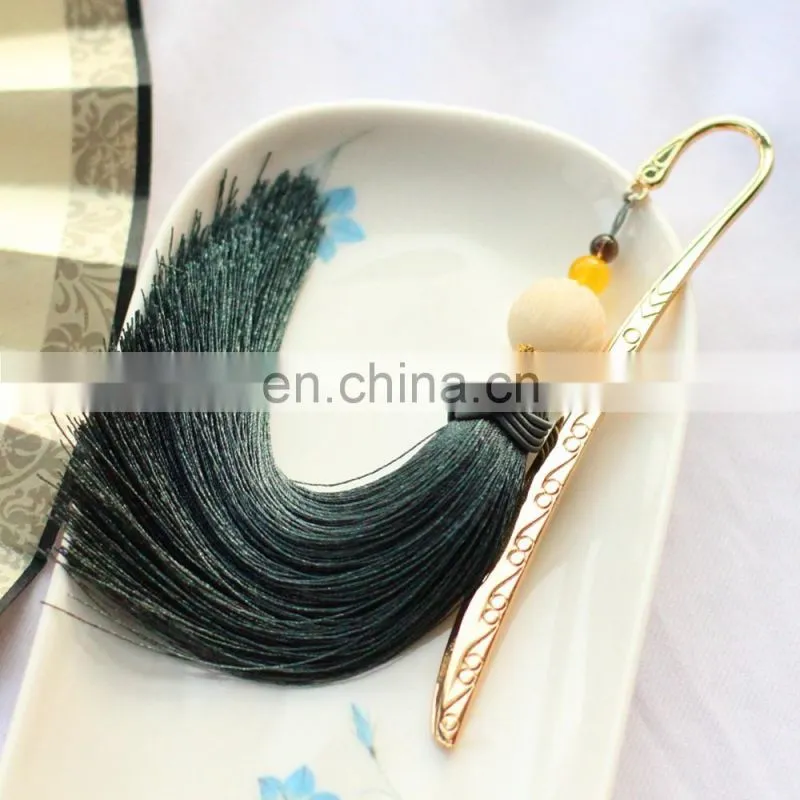 China style custom engraved logo bookmarks black antique metal bookmarks with fringe decoration