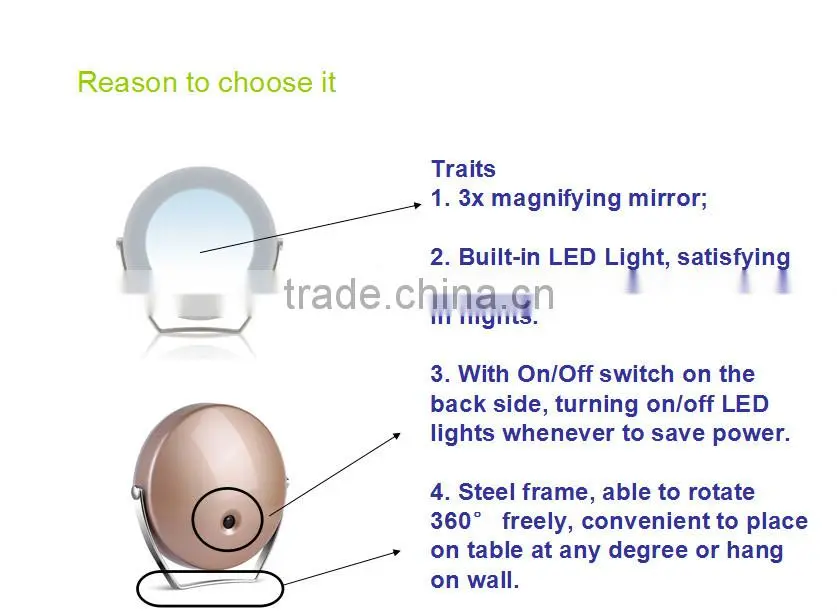 Makeup mirror stand round compact mirror 3X magnifying mirror with LED Light ZLIME ZL-M1306