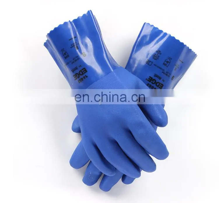 Long Cuff Heavy Duty Cotton Lining Blue PVC Rubber Fully Coated Liquid Chemical Resistant Work Gloves