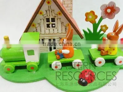 Wooden Easter Rabbit Train with House for Table Decoration