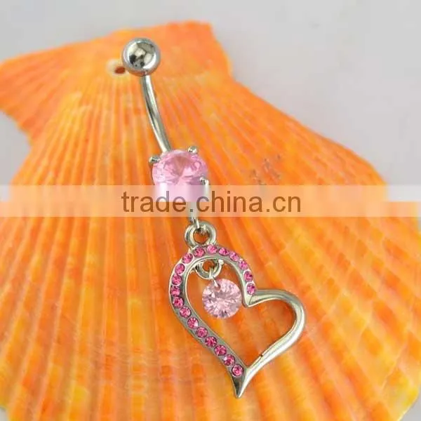 Newest promotional pink zircon hanging crystal heart durable navel rings supplies