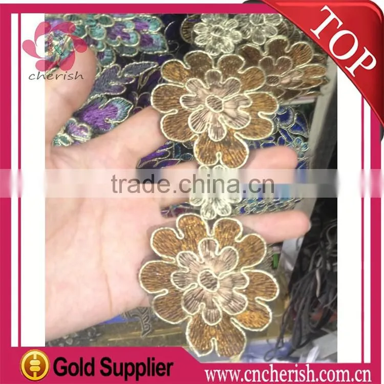 Fashion guangzhou/yiwu/china factory brown flower lace trimming for women dress